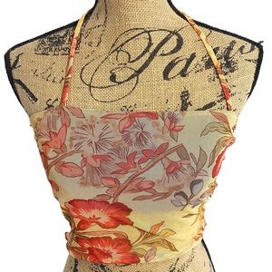 Fashion Sexy Lounge Multicolor Floral Mesh Overlay Halter Tie At Neck Top, Large